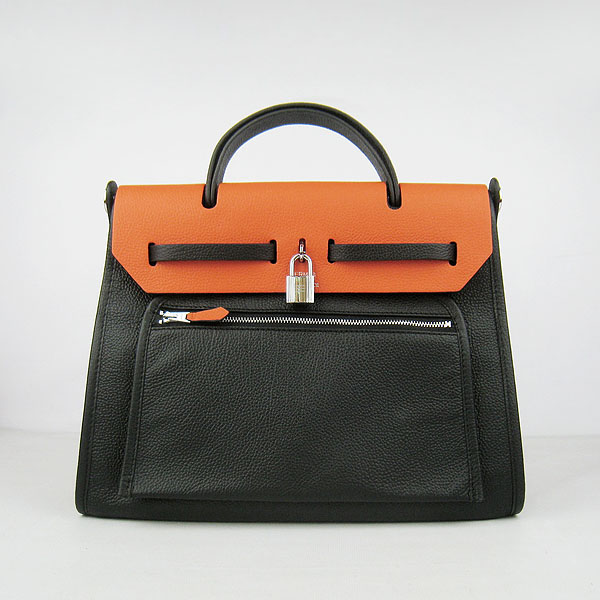 7A Replica Hermes Black/Orange Kelly 32cm Togo Leather Bag 60667